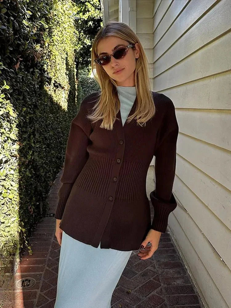 SEAME - Hazel Waisted V - Neck Cardigan Chocolate S