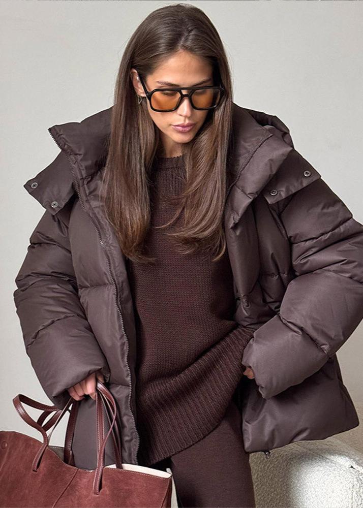 SEAME - Sienna Detachable Hood Puffer Jacket Dark Brown S