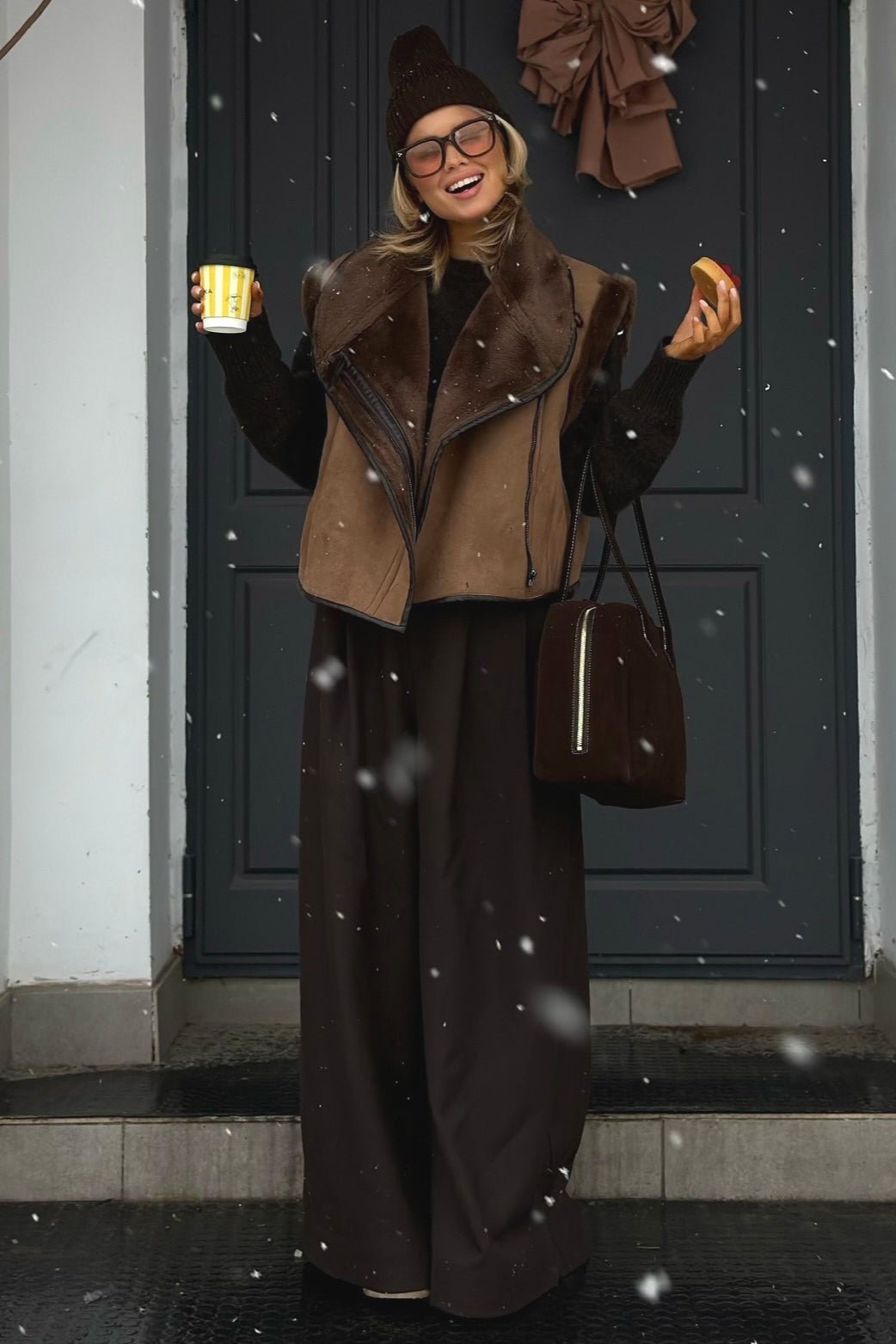 SEAME - Alicia Faux Fur Vest Brown M