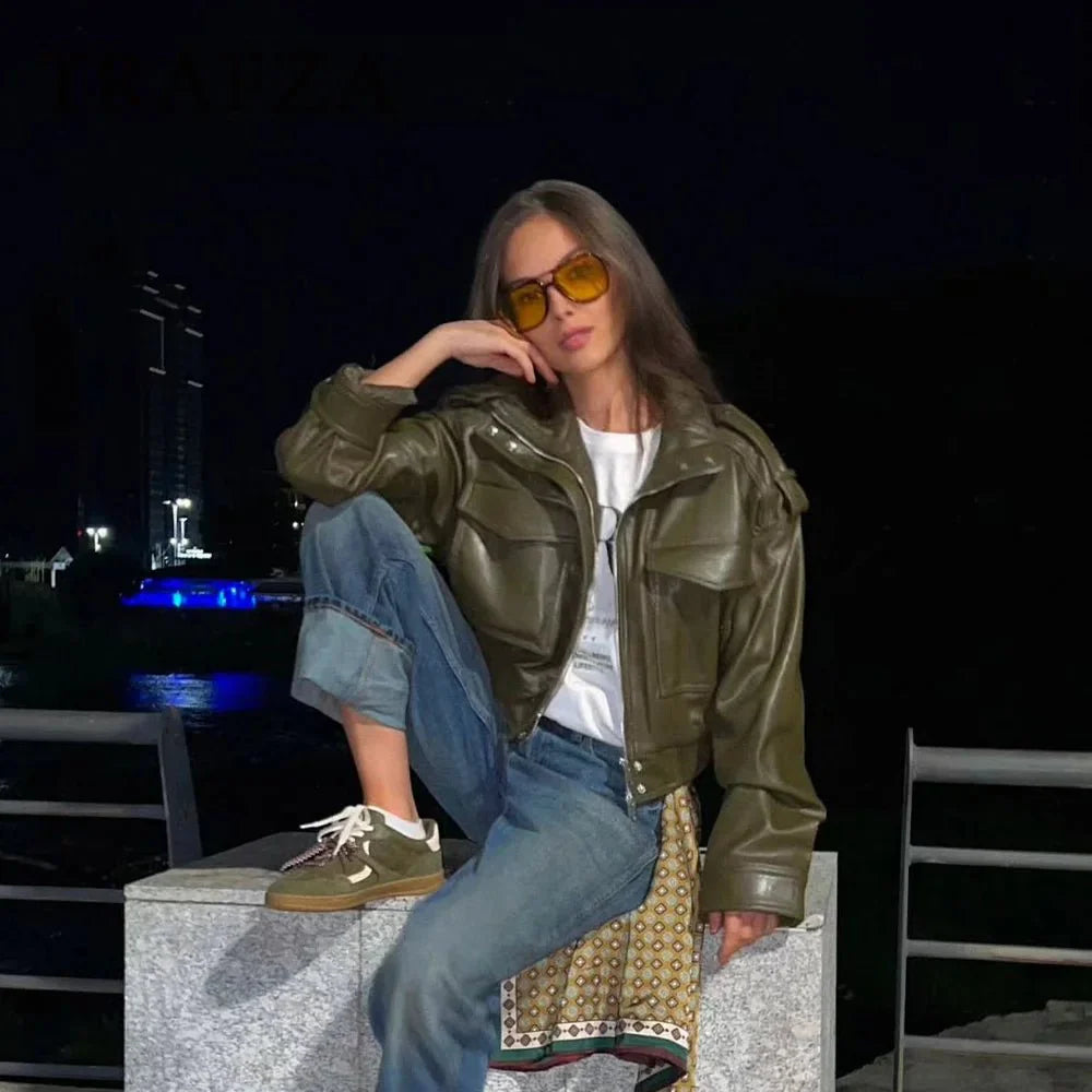 SEAME - Leila Faux Leather Jacket Green XS