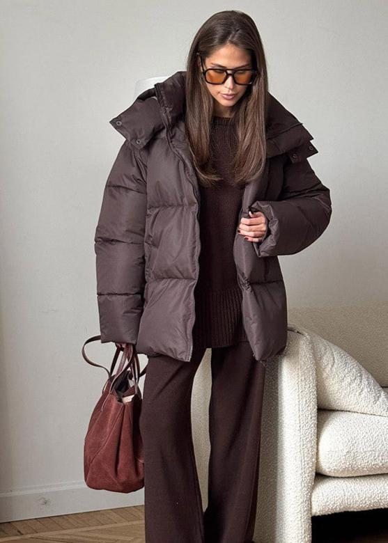 SEAME - Sienna Detachable Hood Puffer Jacket Dark Brown S